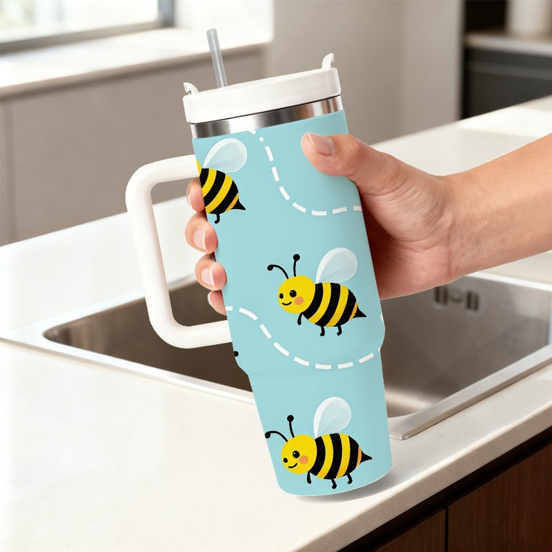 Sublimation Mug White - Speelse cartoonbij en witte bloemenprint 40oz